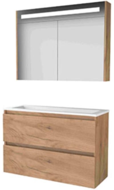Basic-Line Premium 39 Badkamermeubelset - Ondiep - 100 x 39 cm - Greeploos - 2 Lades - Acryl Wastafel - Zonder Kraangat - Spiegelkast met LED Verlichting - Whisky Oak