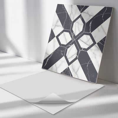 Wallfluent Vinyl Tegels - Geometrisch Marmerpatroon Wand PVC Tegels - 30 cm x 30 cm - Zwart Vinyl Tegels - Set van 9 - Vierkant PVC Tegels - Texturen Plaktegels - Vinyl Tegels Zelfklevend - Plaktegels Keuken en Badkamer
