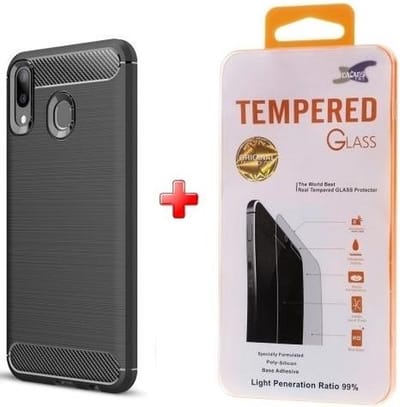 Silicone TPU gel zwart hoesje Telefoonhoesje geschikt voor Samsung Galaxy M20 met glas screenprotector
