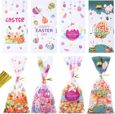 Paaszakjes 50 stuks - paassnoepzakjes - kleurrijk - transparant - koekjeszakjes voor chocolade - gedroogd fruit - snacks - konijnen - eieren - kuiken
