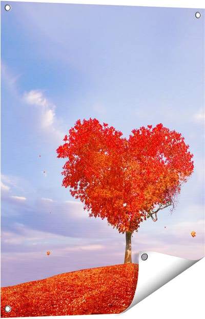 Gards Tuinposter Rode Liefde Boom in een Hart Vorm - 60x80 cm - Tuindoek - Tuindecoratie - Wanddecoratie buiten - Tuinschilderij