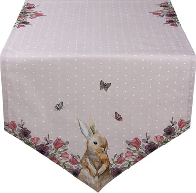Clayre & Eef Tafelloper 50x160 cm Beige Roze Katoen Konijn Bloemen