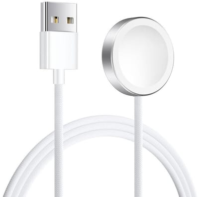 Oplader - USB gevlochten oplaadkabel - 1 meter - geschikt voor Apple Watch Series 1 / 2 / 3 / 4 / 5 / 6 / 7 / 8 / 9 / 10 / SE / SE 2 / Ultra / Ultra 2 - draadloos opladen - wit