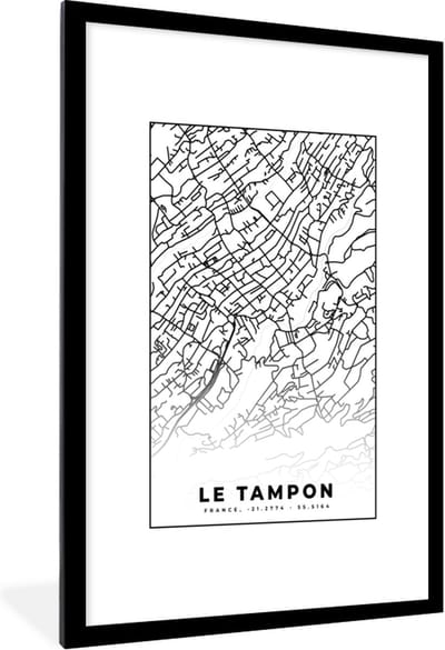 Fotolijst incl. Poster Zwart Wit- Stadskaart - Plattegrond - Kaart - Le Tampon - Frankrijk - Zwart wit - 80x120 cm - Posterlijst