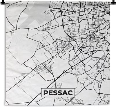 Wandkleed - Wanddoek - Kaart - Stadskaart - Pessac - Frankrijk - Plattegrond - Zwart wit - 180x180 cm - Wandtapijt