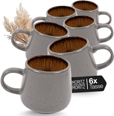 Moritz & Moritz SOLID Koffiekopjes Set - 6-delig Koffiebeker met Oor - 420 ml - Steengoed - Beige