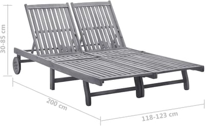 2-Persoons Zonnebed met Dak 115x65x16,5 cm – Verstelbare Houten Ligstoel met Kussens, Massief Acaciahout, Tuinligbed voor Balkon, Terras en Zwembad – Grijs - Laura
