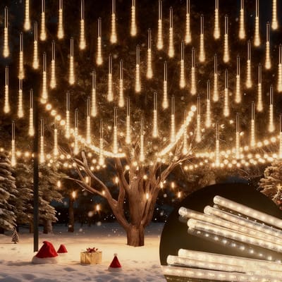 MUPOO Kerstverlichting Meteorenregen - 360° Zicht Waterdichte IP44 IJspegels LED Verlichting 30CM - Koppelbaar voor Kerstboom, Tuin & Trouwerijen - Warm Wit 30M (2 Stuks)