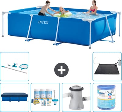 Intex Rechthoekig Frame Zwembad - 300 x 200 x 75 cm - Blauw - Inclusief Afdekzeil - Onderhoudspakket - Zwembadfilterpomp - Filter - Schoonmaakset - Solar Mat - 7-delig
