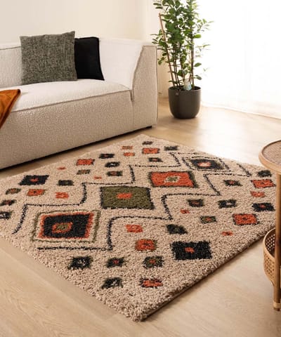 Vierkant hoogpolig vloerkleed - Artisan beige/multi 160x160