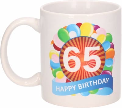 65 jaar Verjaardag koffiemok - cadeau beker - feestelijke ballonnen print - 300 ml - keramiek - wit