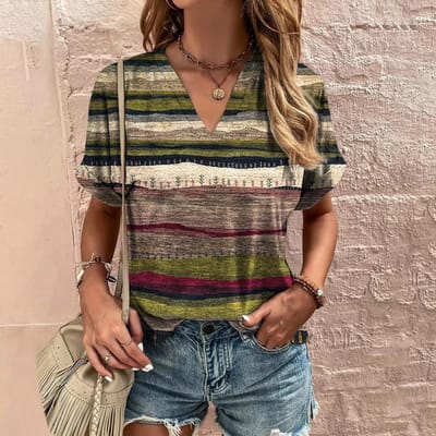 Retro Dames 3D Print T-shirt Zomer V-hals Korte Mouw T-shirt Casual Harajuku Streep Print T-shirt Voor Vrouwen Streetwear Trui tops Nieuw 4XL gray