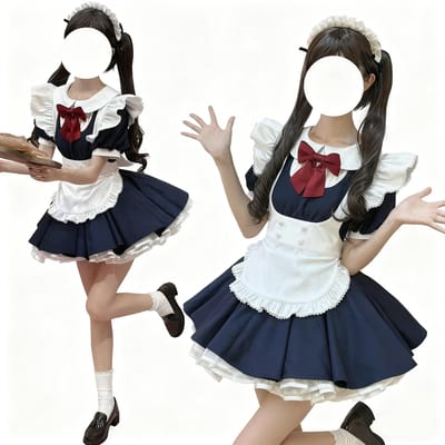 Ensemble Complet Tenue de Servante avec Collants Mignon Lolita Anime Alice Moe Dentelle Idol Café de Servantes Gothique Bleu Marine 3XL [AOTYP] - Uniforme, Robe, Costume, Lolita, Femme