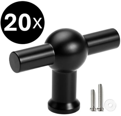 20 X MSQDESIGN Kastknoppen zwart T vorm - Deurknop zwart - Meubelknop zwart voor keuken , kast en deurjes - zwarte T-vorm kastknop - Deurknopjes zwart - Handgreep T - Moderne Meubelknop T greep voor keukenkast - T vorm Deurknoppen kast- Ladeknoppen