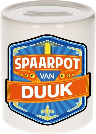 Bellatio Decorations Kinder spaarpot met naam - Duuk - keramiek - met dop - wit - Sparen - Spaargeld van Duuk