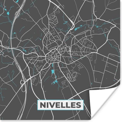 Poster Stadskaart – Grijs - Kaart – Nivelles – België – Plattegrond - 100x100 cm XXL