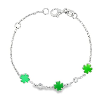 Juwelier Emo - Zilveren Kinderarmband met groene klavers 13-15CM