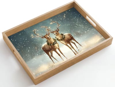 Dienblad hout 50x35 cm - Schootdienblad - Kerstmagie - Winterwoud - Rendier - Borrelplank rechthoek - Plateau dienbladen
