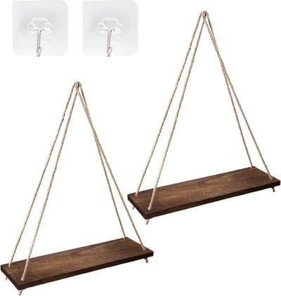 hangrek voor muur, 2 stuks hangrek hout, wandrek zonder boren, touwrek, zwevend rek met koord, boho wanddecoratie