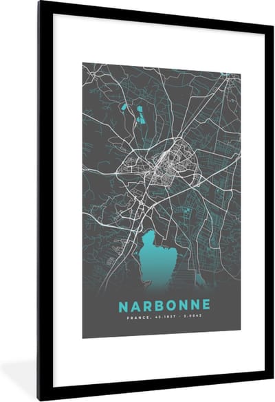 Fotolijst incl. Poster - Kaart – Stadskaart – Narbonne - Plattegrond – Frankrijk - 80x120 cm - Posterlijst