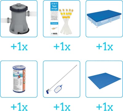 Accessoires voor Bestway Steel Pro Zwembad - 221x150x43 cm - Rechthoekig - Bestway - 56401 - Pomp - Testrips - Afdekzeil - Filter - Schoonmaakset - Grondzeil