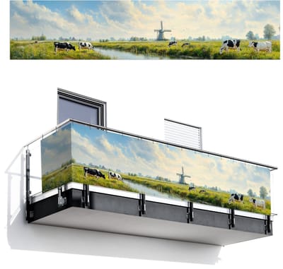 Balkonscherm 500x110 cm - Balkonposter Koeien - Windmolen - Weide - Blauw - Balkon scherm decoratie - Balkonschermen - Balkondoek zonnescherm