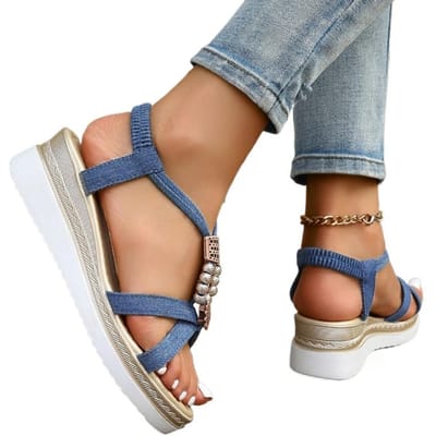 Damesschoenen Nieuwe Zomer Dames Sandalen Elastische Band Denimblauw Effen Metalen Decoratie Kralen Platform Waterdichte Sandalen 42 denimblauwe kleur
