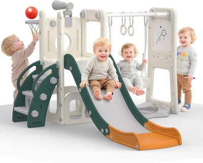 8-in-1 Glijbaan en Schommelset met Whiteboard, Basketbalring, Telescoop en Klimrek voor Peuters