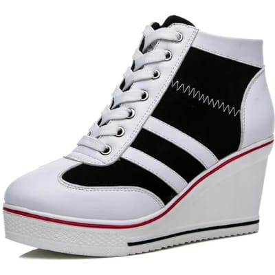 Dames Pumps Schoenen Nieuwe Sleehak Casual Canvas Schoenen Dames Zijketting Vetersluiting Casual Platform Schoenen 8Cm Hoge Hak Schoenen 36 white