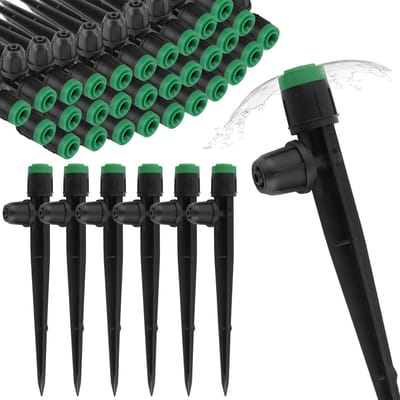 1/4 Inch Irrigatie Doppen met Vergrendeling, 50 Stuks Drip Irrigation Nozzles voor 4/7 mm Slangen, 360 Graden Verstelbare Vortex Waterstroom Sprinkler voor Micro Drip Systeem