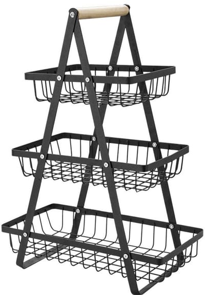 Ceruzo Fruitrek met Handvat -3 Lagen Etagere - Zwart - Stijlvolle Fruitmand - Metaal en Hout- H47 cm