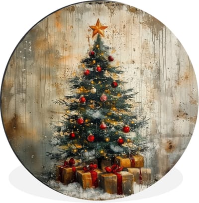 WallCircle - Wandcirkel - Muurcirkel - Kerstboom - Vintage - Kerst - Cadeau - Aluminium - Dibond - 60x60 cm - Binnen en Buiten