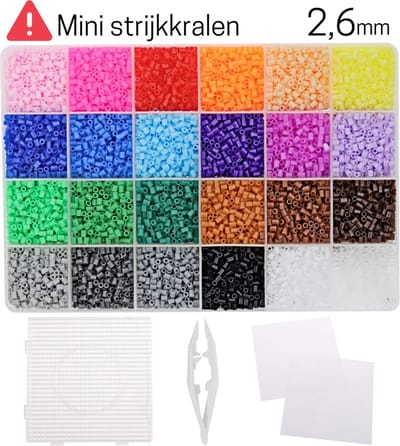 Behave Mini Strijkkralen Set - Incl. Vierkante Grondplaat - Pincet - 2 Strijkvellen - 14000 Kralen - 24 Kleuren - 2.6mm - Mini Strijkkralen