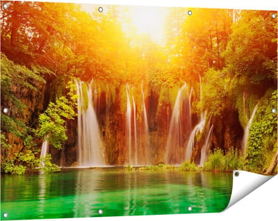 Gards Tuinposter Watervallen bij het Groene Meer met Zon - 120x80 cm - Tuindoek - Tuindecoratie - Wanddecoratie buiten - Tuinschilderij