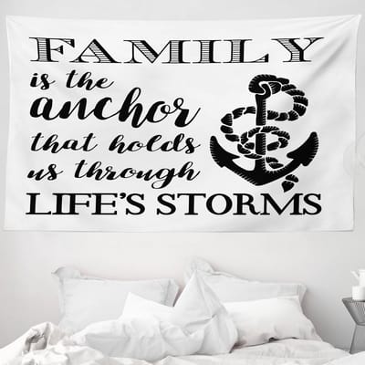 ABAKUHAUS Wandtapijt met de tekst: Familie is het anker dat ons vasthoudt. Inspirerende tekst met ankertouw, 230 x 140 cm, zwart-wit.