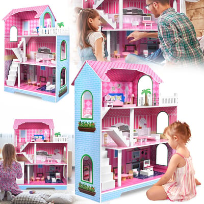 Froadp Poppenhuis Houten groot met 3 verdiepingen Poppenhuis Poppenhuis Set 100 x 70 x 36 cm Poppenvilla Poppenhuis met 15 meubels & accessoires Perfect speelgoed DIY Camperhuis Droomvilla