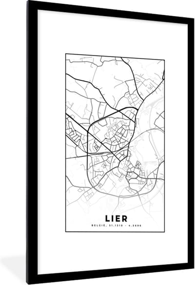 Fotolijst incl. Poster Zwart Wit- België – Lier – Stadskaart – Kaart – Zwart Wit – Plattegrond - 60x90 cm - Posterlijst