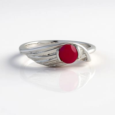 Cavill - Dames Ring 925 Sterling Zilver Platina Gecoat - 0,41 ct Framboos Chalcedoon Ronde Edelsteen - Bezel Zetting - Modern Elegant Design