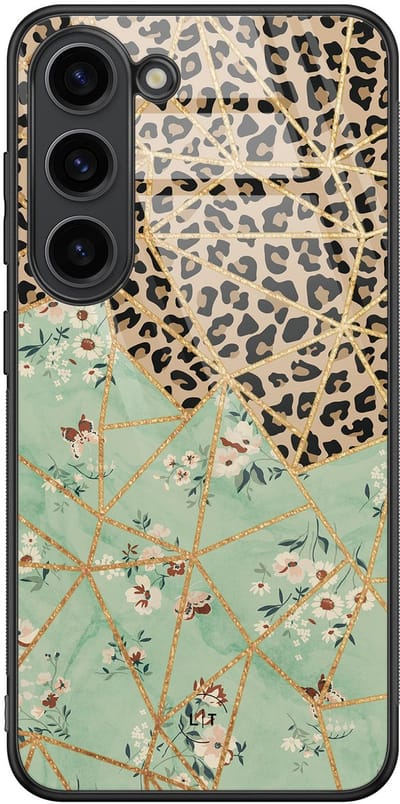 Hoesje geschikt voor Samsung Galaxy S23 - Luipaard bloemen print - Luxe Glazen Hardcase - Print / Illustratie - Multi