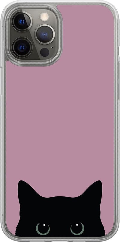 Hybride hoesje geschikt voor iPhone 12- Zwarte kat - Extra bescherming - Luxe beschermhoes - TPU case - Transparant, Roze - Mooie Telefoonhoesjes