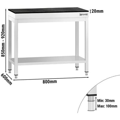 GGM Gastro Edelstahl Arbeitstisch PREMIUM - 800x600mm - mit Grundboden - inkl. Granitarbeitsplatte
