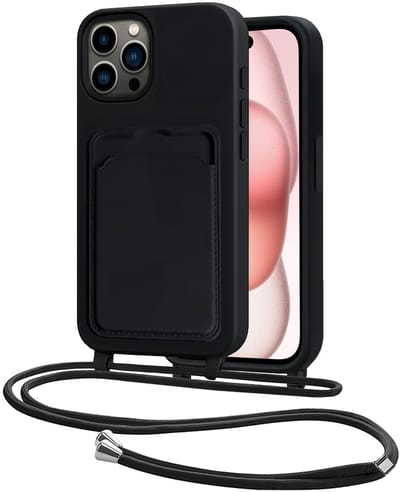 Hoes Geschikt voor iPhone 15 Pro Hoesje Pasjeshouder Cover Met Koord Case Siliconen Hoes Met Telefoonkoord en Kaarthouder - Zwart
