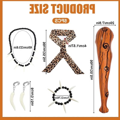 Vijf Prehistorische Grotten Kostuums met Wild Accessoires, Opblaasbaar met Ivoren Luipaard Hoofdband, Armband, Ketting en Oorringen voor Feestjes en Verkleedpartijen