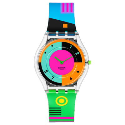 Montre Swatch Série Néon Mouvement Quartz Étanche 30M Cadran Coloré 34mm Boîtier en Matériau Biosourcé Bracelet en Silicone Montres Unisexes SS08K119 Multicolor Watch Dial