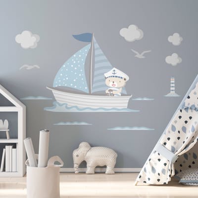 Muurstickers - Teddybeer op zijn boot - Zelfklevende stickers - 100x120cm