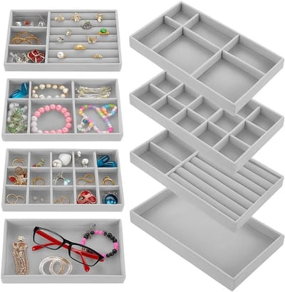 Elegante Opberg- en Display Organizer voor Sieraden - 4 Stuks Stapelbare Velours Tray voor Lade, Kledingkast of Kapsalon - Perfect Cadeau voor Vrouwen