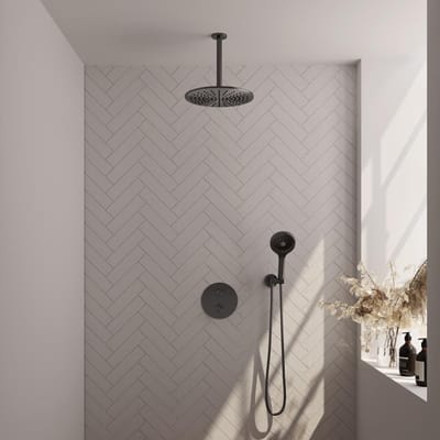 Brauer Gunmetal Edition thermostatische inbouw regendouche 3-weg rond SET 84 met 30 cm douchekop en plafondarm en 3-standen handdouche en doucheslang en wandaansluitbocht gunmetal geborsteld PVD