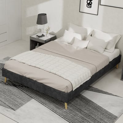 DESMIU Gestoffeerd Bed 140x200 cm – Minimalistisch Bedframe Zonder Hoofdbord – Lage Basis – Voor Slaapkamer – Fluweellook Stof – Grijs – Zonder Matras