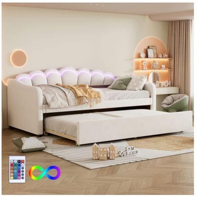 Dagbed - Daybettt - 90x200 cm - Klapbed - Flanel en MDF - Verstelbare LED beige