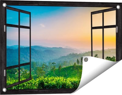 Gards Tuinposter Doorkijk Zonsondergang op een Thee Plantage - 60x40 cm - Tuindoek - Tuindecoratie - Wanddecoratie buiten - Tuinschilderij